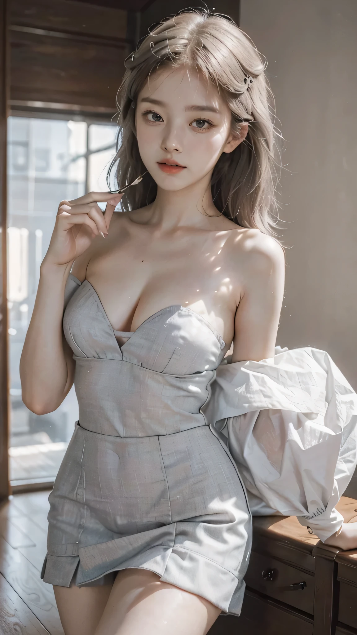 ((Best quality, 8K, tmasterpiece:1.3)), focal point:1.2,Bust photo,upper legs,Ultra-realistic skin texture,Beautiful woman with perfect body:1.4, Upturned buttocks:1.2, ((Cut hair into layers, normal:1.2)), indoor ), Bandeau Dress:1.1, Highly Detailed Face and Skin Textur, Detailed eyes, double eyelid,Whitening Skin,Long gray hair,(with a round face:1.5),Superskirt,nipple bump,Drenched