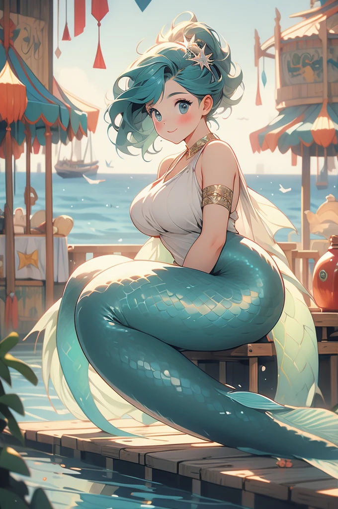 chubby mermaid, sitting on a plank, carnival, dunk tank