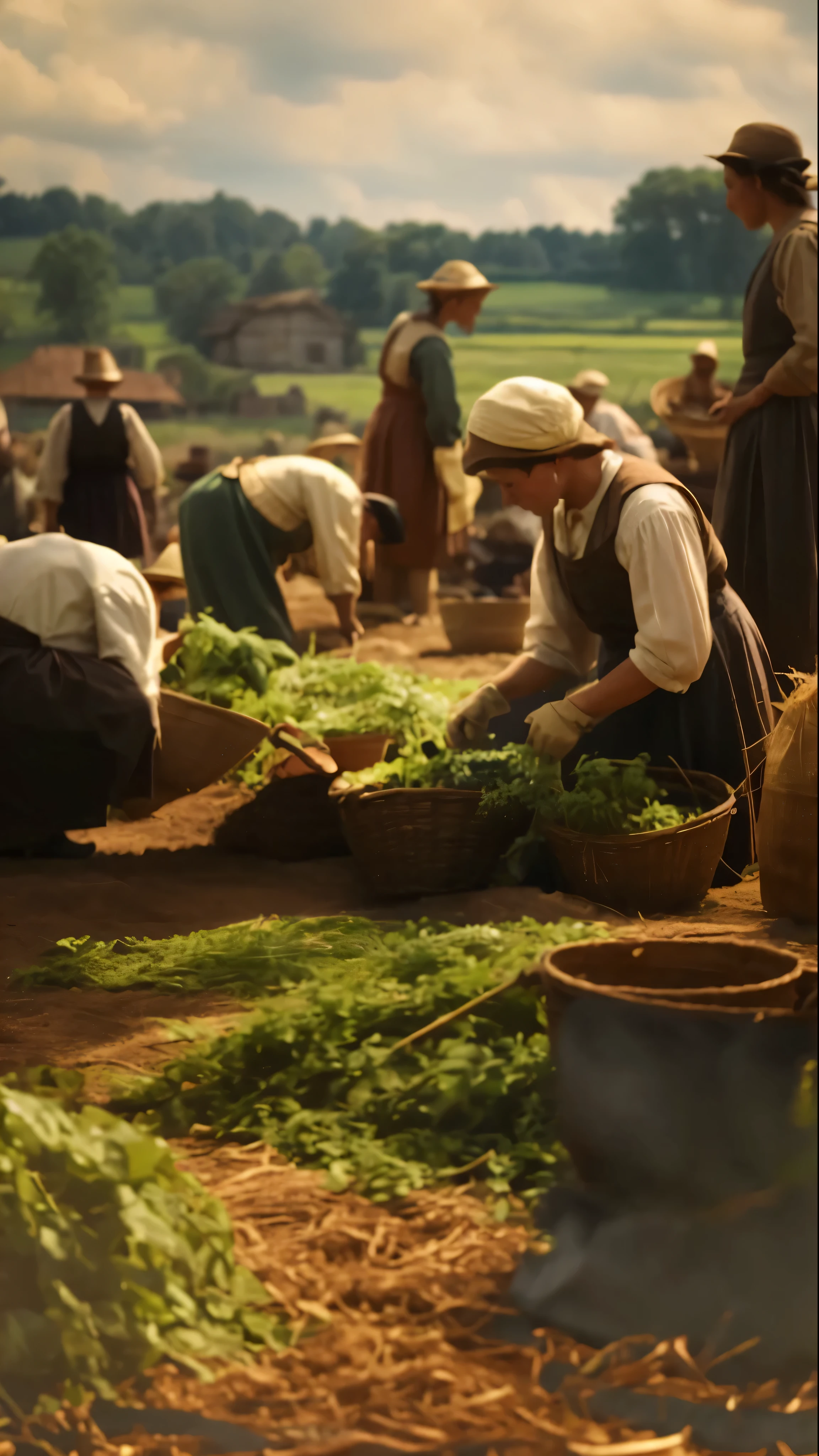 In this image, several people are dressed in old-fashioned clothing and working together to harvest plants. They are gathered around two large baskets and two bowls, with plants spread out on the ground. The sky is blue with white clouds, and there are trees in the distance.