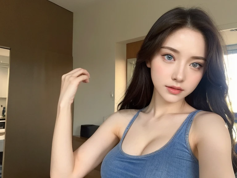 （lifelike， high - resolution：1.3）， 1 animated girl with a perfect body， Super fine face and bluisheyes，slong hair， Tank top of random colors：1.2， short jeans，very big boob，Expose cleavage