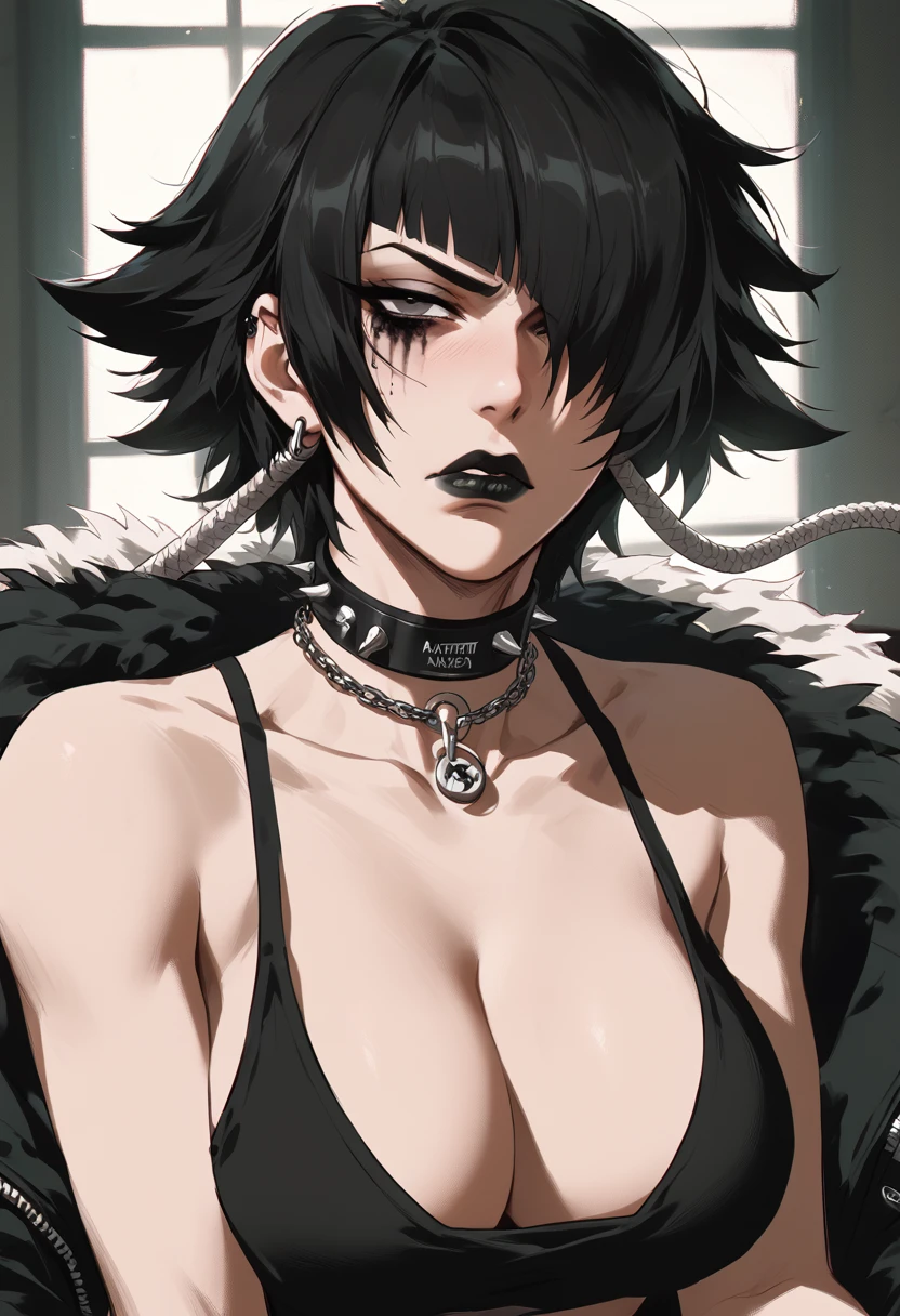 Kizi =,heavy mascara, black lipstick, emo, 1 Kizi, hair over eye, bauhaus bedroom with black theme, NSFW, braless, choker, indifference, chains, breasts big, titcup