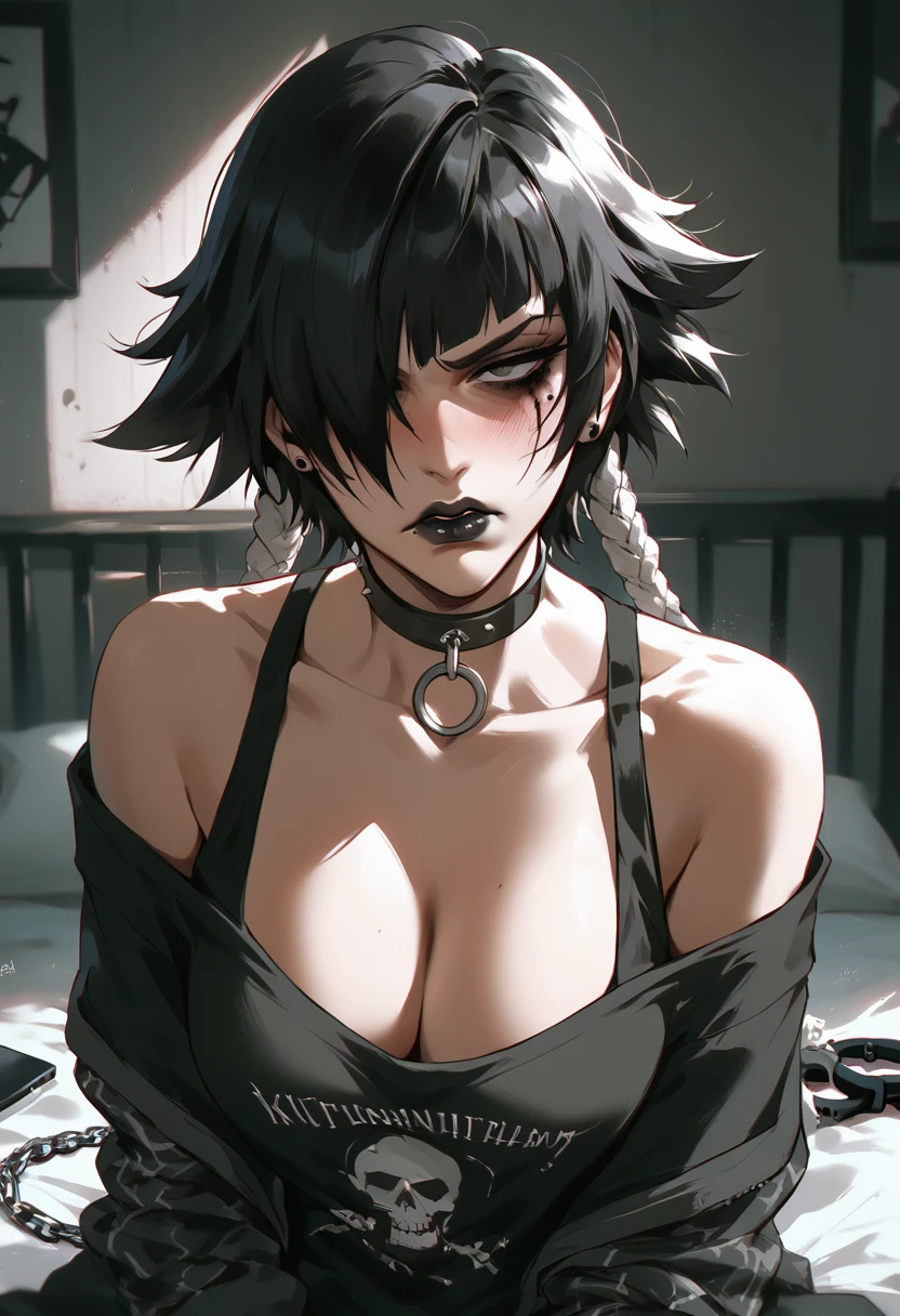 Kizi =,heavy mascara, black lipstick, emo, 1 Kizi, hair over eye, bauhaus bedroom with black theme, NSFW, braless, choker, indifference, chains, breasts big, titcup