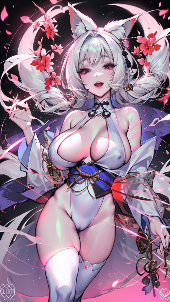 actual, , white hair, big eyes, Smile,open mouth,big breasts,glowing eyes,open lips, blush, daytime,background orc ears,Fox fairy,Kimono decoration,sexy,exposed,charming smile,Half-dressed kimono,white fox ears,White pink fox tail,high thigh slit,,Exquisite background,Mature,red background,Warm colors,red sleeves,Bright colors,white hair,Sense of lens,Lying in bed,Mature women