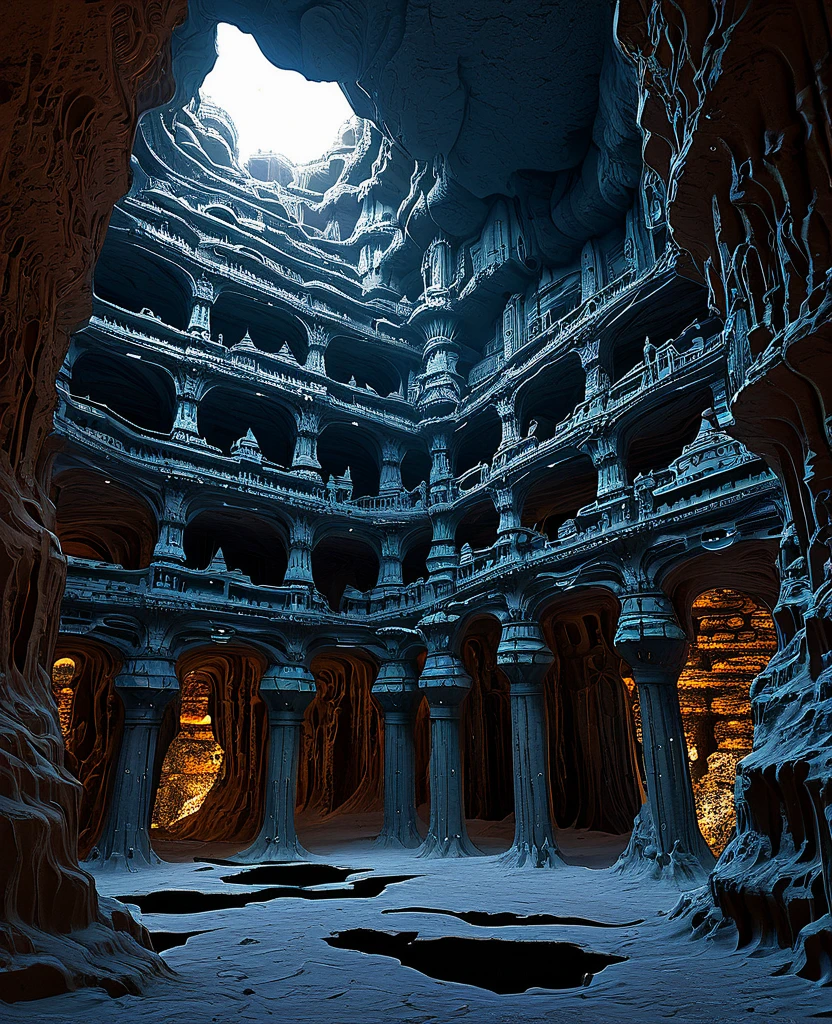 there are many inverted cavities (different rooms, united by mandelbulb projections that form passages) in the middle of an underground canyon that forms a mandelbulb mud village at different heights with many balconies and stalactites and stalactites, fantasy architecture, Highly detailed 4K digital art, beautiful detailed fantasy, stunning fantasy landscape, detailed fantasy digital art, arstation and high beep, fantasy style 8k octane rendering, stuning fantasy 3d rendering, Detailed fantasy in 4K, fantasy 3d rendering, 3D rendering beep, deep and massive desert landscape, stalacmite cave labyrinth type very confusing geonosis bubbes