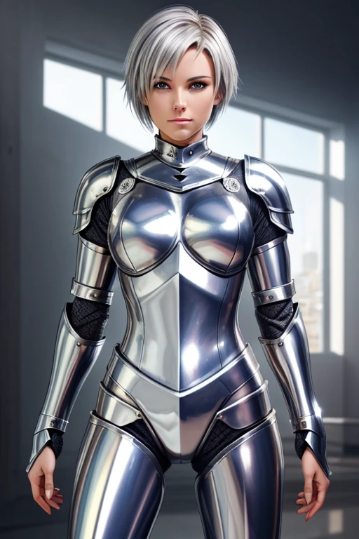 Perfect Anatomy　Highest quality,Perfect Anatomy　Highest quality,Highest Resolution,(((Metallic shiny armor)))　woman　knight　Silver Hair　Short Hair