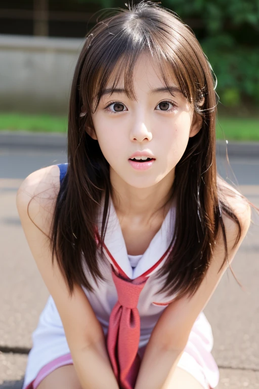 (Highly realistic photos, High resolution, Detailed face, Detailed eyes) Skinny Japanese junior high school girl, Cute Face, alone:1, Thin body type, Completely naked, Waist up photo、Giving a blowjob、Deep throating、Deep throating