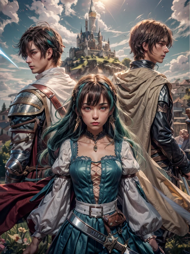 ((3 men, medieval world) :2). ((Red-haired woman with blue eyes, white shirt, blue skirt, sword in hand. Brunette man with dark blue eyes, villager outfit and holds glowing white sphere. green hair man, jumpsuit and holds bright blue sphere):1.5). ((Red eyes with fluctuating energies, in a medieval town setting):1.5) . Extremely detaild, 8k, HDR, natural light, cinematic lighting, masterpiece-anatomy-perfect, ultra HD, RAW photo, professional, ultra-fine painting, perfect body proportions, anatomically correct, uhd, real texture material, Anti-Aliasing, FKAA, TXAA, SSAO, Post Processing, Post Production, Tone Mapping, CGI, VFX, SFX, hyper maximalist, Volumetric, ultra photorealultra-detailed intricate details.