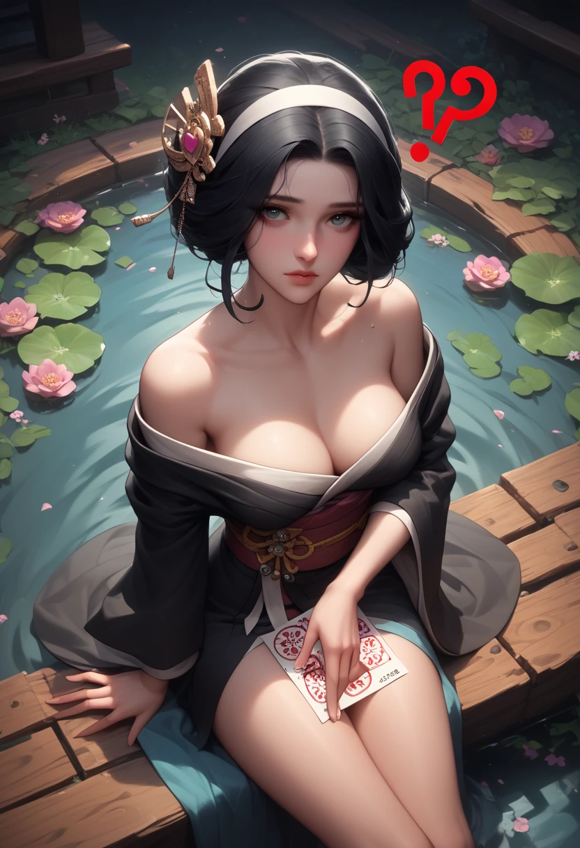 (asura art style:0.7), punctuation_9, punctuation_8_High above, punctuation_7_High above, punctuation_6_High above, no censure, princess peat black hair, side block, white hairband, Eyes red, break (work of art:1.2), best qualityer, high resolution, (detailedeyes:1.3), perfect lighting, (perfect hands, Perfect Anatomia), breasts big, a beautiful woman, kimono, bare one shoulder, Heart, sitting down, front viewer, Tori, flowers, Thu, fog, hand sHigh aboveport,