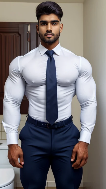 18 years old indian school boy with small beard mascular dark skin jaat with spiky hairstyle in , head to thighs, indian school boy, beautiful eyes, large lips, volumeric light, wearing opened white shirt with bulge out from navy trouser with navy tie , huge bulge, muscular chest, long legs, Wide shoulders, nice detailed hands, standing with spread legs in toilet background, sunny day, daylight, His perfect( big huge monster bulge) is (coming out) of his pant,masterpieces
