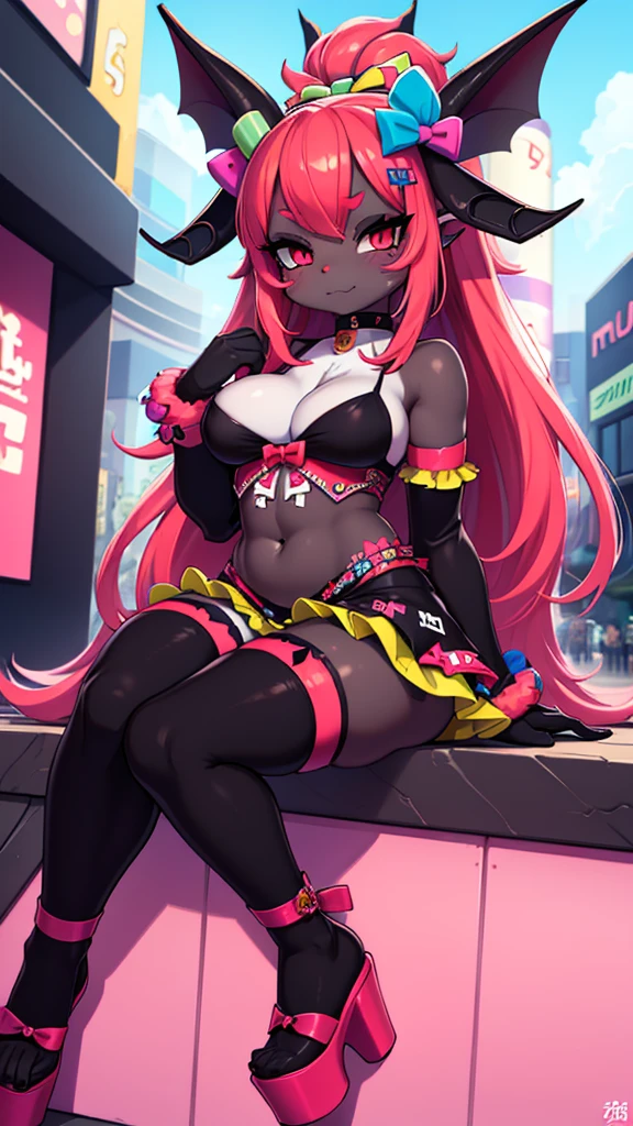Professional Photography, 8k, highly detailed, intense lighting, daytime photography, sun light,
BREAK,
slave choker, succubus girl, (bat ears), (succubus horns), (black skin:1.6), red eyes, smug eyes, (red glowing hair), straight red hair, big boobs:1.2, blush, thick eyeliner, ((red eyebrows)),
BREAK,
((((Layers of bright colorful accessories)))), sticker-covered platform heels, ((mismatched thigh-highs)), (oversized bows), (((((statement decora fashion))))), (((plethora of kawaii accessories))), the character starring in a Harajuku-themed fashion editorial for a renowned magazine, BREAK, the photoshoot takes place against (iconic Harajuku backdrops), capturing the essence of the district's diverse fashion culture,