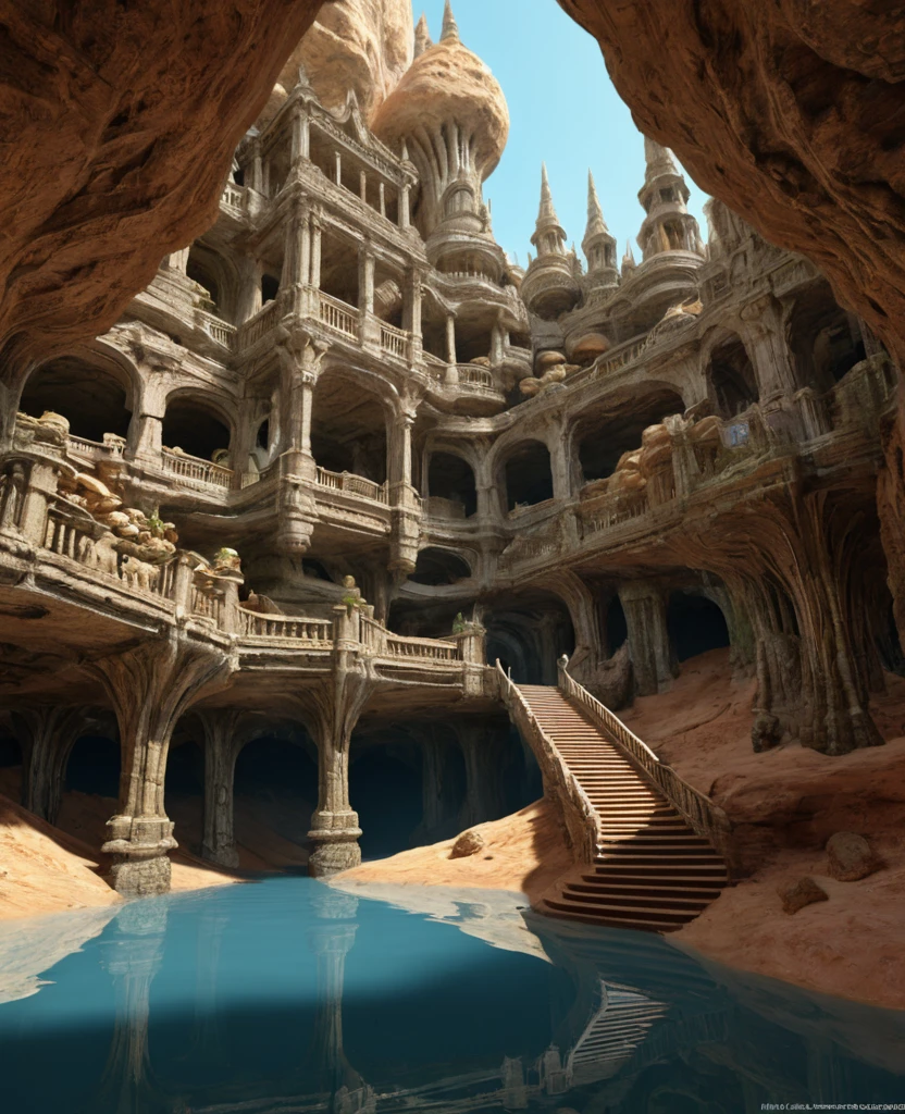 there are many inverted cavities (different rooms, united by mandelbulb projections that form passages) in the middle of an underground canyon that forms a mandelbulb mud village at different heights with many balconies and stalactites and stalactites, fantasy architecture, Highly detailed 4K digital art, beautiful detailed fantasy, stunning fantasy landscape, detailed fantasy digital art, arstation and high beep, fantasy style 8k octane rendering, stuning fantasy 3d rendering, Detailed fantasy in 4K, fantasy 3d rendering, 3D rendering beep, deep and massive desert landscape, stalacmite cave labyrinth type very confusing geonosis bubbes