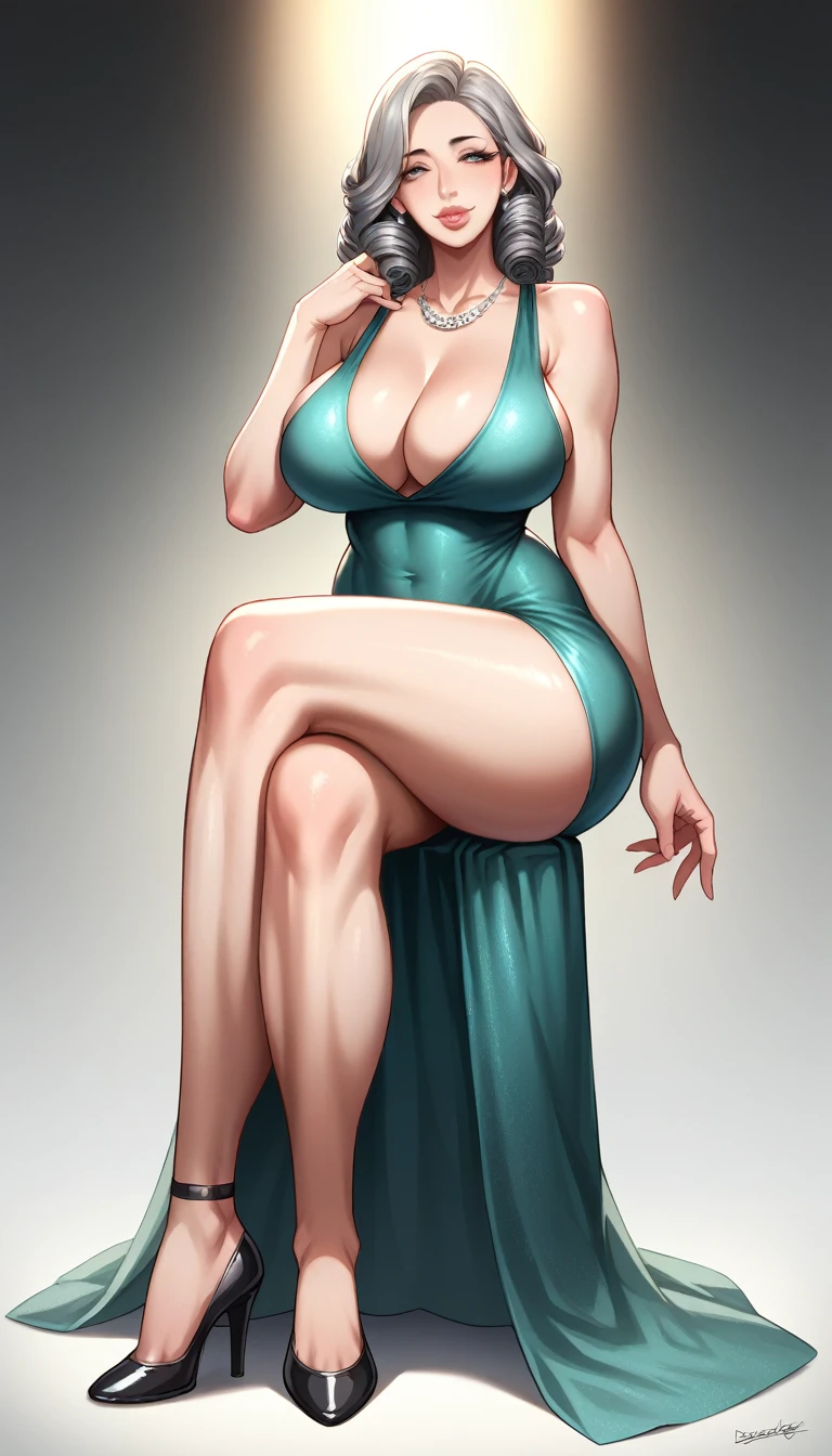 masterpiece, best quality, 4k, detailed, intricate, realistic),atmospheric lighting,mature female,milf,solo,sitting,1girl,dongtan dress,very tight dress,cleavage, slit on thighs, grey hair,curls,skindentation,curvy, flirty smile, thick lips, crossed leg sitting, full body shot, high heels, see through clothing