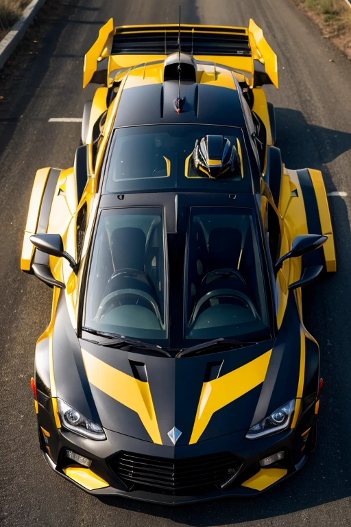 Make a dark yellow Decepticon Transformers car with fox vinyl with details of a police fox with giroflex on the front windshield of the Power Rangers