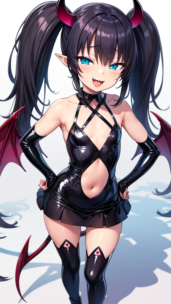 tachi-e, game cg, Highly detailed and realistic CG, Colorful, Masterpiece, Best Quality, jewel-like eyes, 1girl, solo, black hair, shiny hair, long straight hair, very long twintails, slender, skinny legs, succubus girl,succubus luxury dress, mini skirt, succubus boots, aqua blue eyes, flat chest, black elbow gloves, latex, smirk, smile, jitome, half-closed eyes, tsurime, simple background, from pov, best quality eyes, sharp teeth, tsundere, standing, contrapposto, hand on hip, (shiny skin:1.0), succubus wings, succubus tail, mesugaki, teasing, smug, cute girl, , open mouth, fangs, tongue out, pointy ears, pink heart tattoo, (Sharp Focus:1.2), Thin arms, Thin legs, outline, Evil Female Executive Succubus,