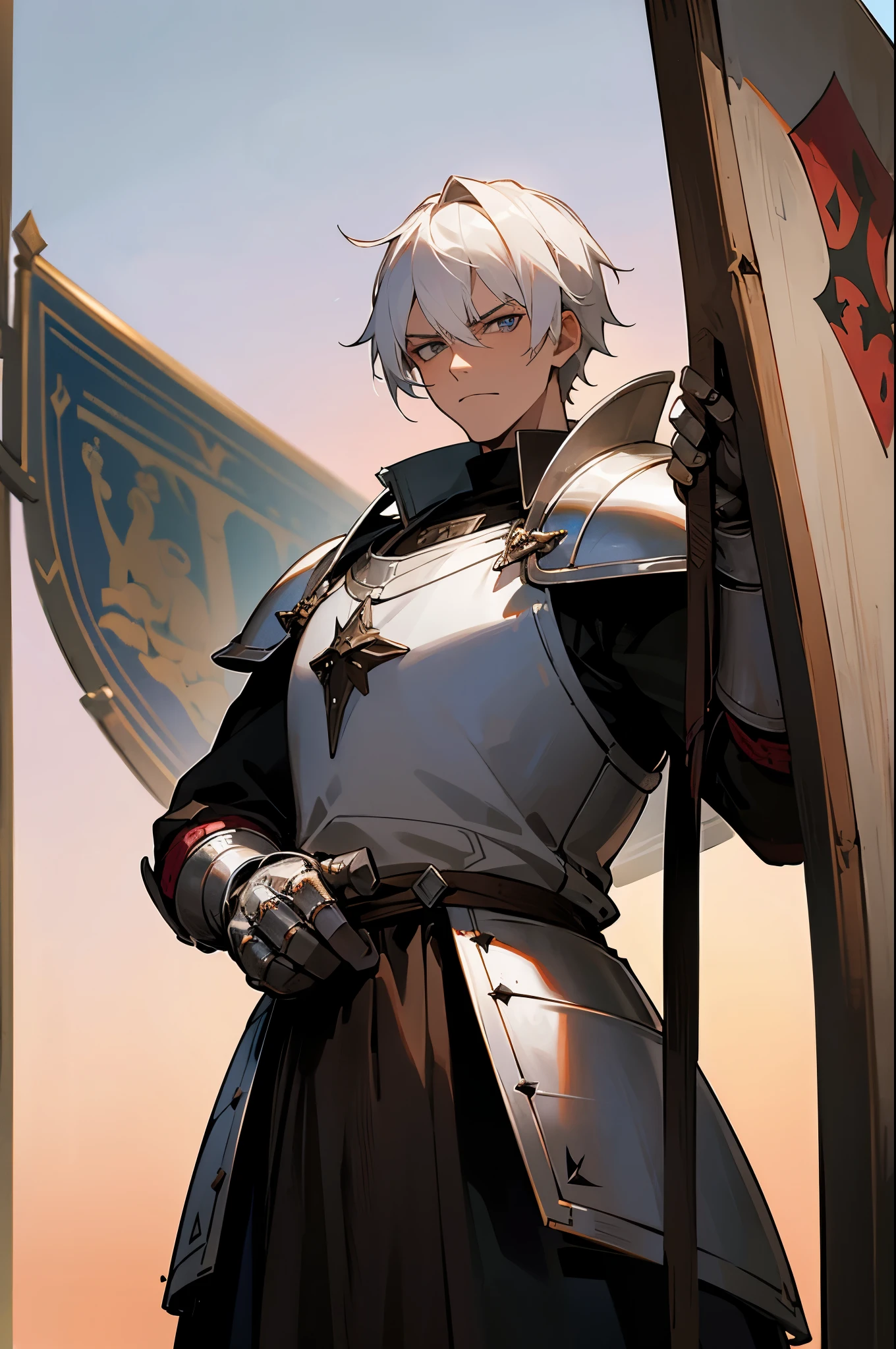male, White hair ,young adult, medieval background, knight, armor, shield, mature, cowboy shot, sunset, serious face