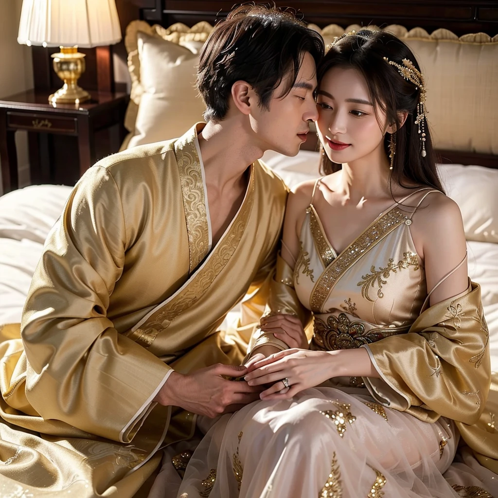 ((Highest quality)), ((masterpiece)), (detailed), (Perfect Face)、The woman is wearing a gorgeous, glittering Hanfu with gold embroidery and trim, and an engagement ring.、On a luxurious bed, the woman is caressed by a middle-aged Chinese man, they embrace and kiss, have and seem to love each other happily.