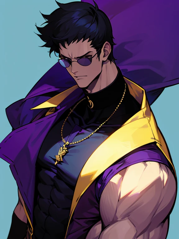 A tall, white muscular man with short, black hair and purple shade sunglasses stands confidently. He is wearing a stylish, dark jacket with intricate purple patterns over a light blue shirt. He has a serious expression and a necklace with a pendant, high detailed, 8K, masterpiece.