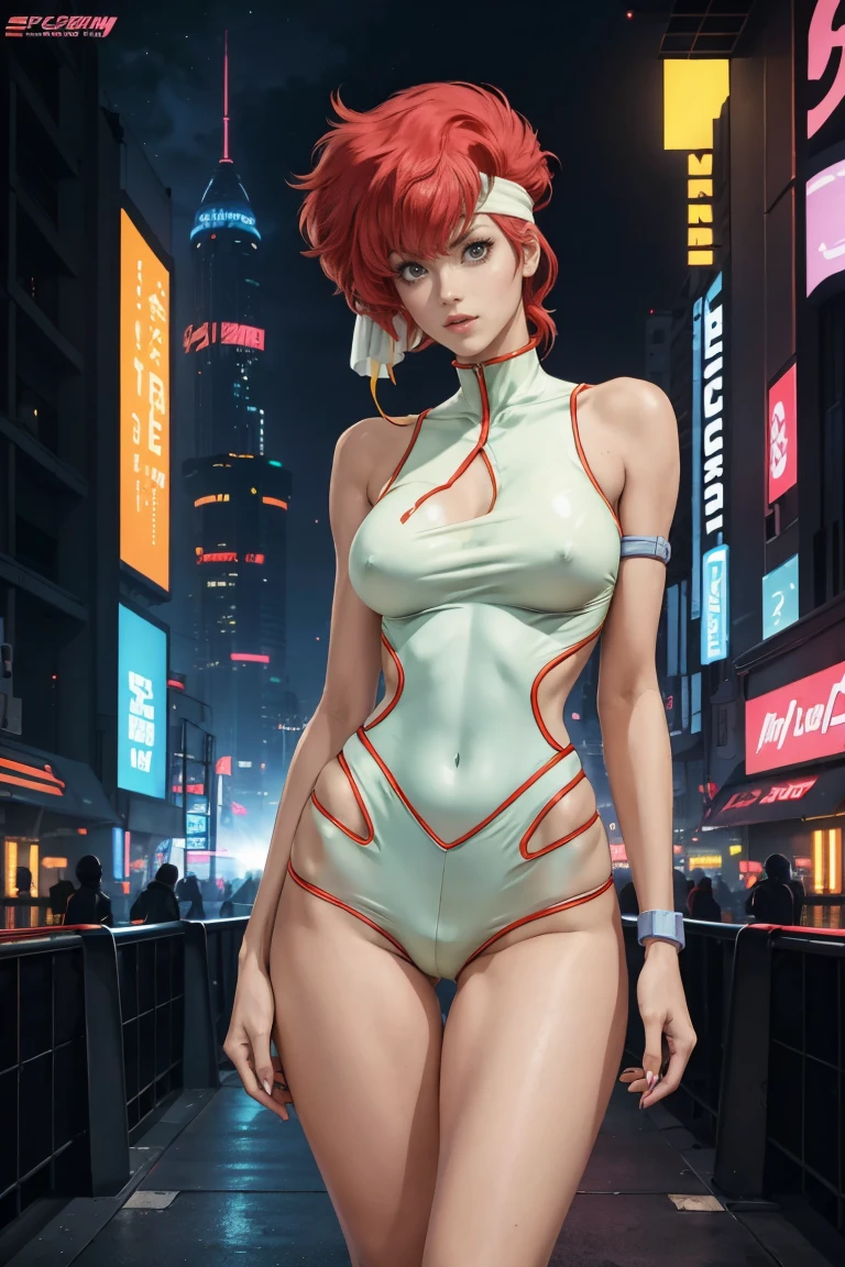 Very skinny Kei from The Dirty Pair, emaciated, wearing a tight bright yellow outfit, skinny frame, skinny legs, medium breast, red hair beauty, cyberpunk city background, holding retro space-gun, headband, slim waist, very slim thighs, very skinny thighs, very thin thighs, very slender thighs, lanky, thigh gap, thigh gap,