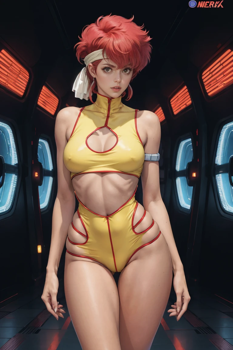 Very skinny Kei from The Dirty Pair, emaciated, wearing a tight bright yellow outfit, skinny frame, skinny legs, medium breast, red hair beauty, cyberpunk city background, holding retro space-gun, headband, slim waist, very slim thighs, very skinny thighs, very thin thighs, very slender thighs, lanky, thigh gap, thigh gap,