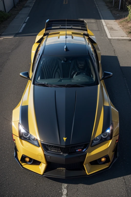 Make a dark yellow transformers decepticon car with fox vinyl with police fox details with giroflex on the front windshield