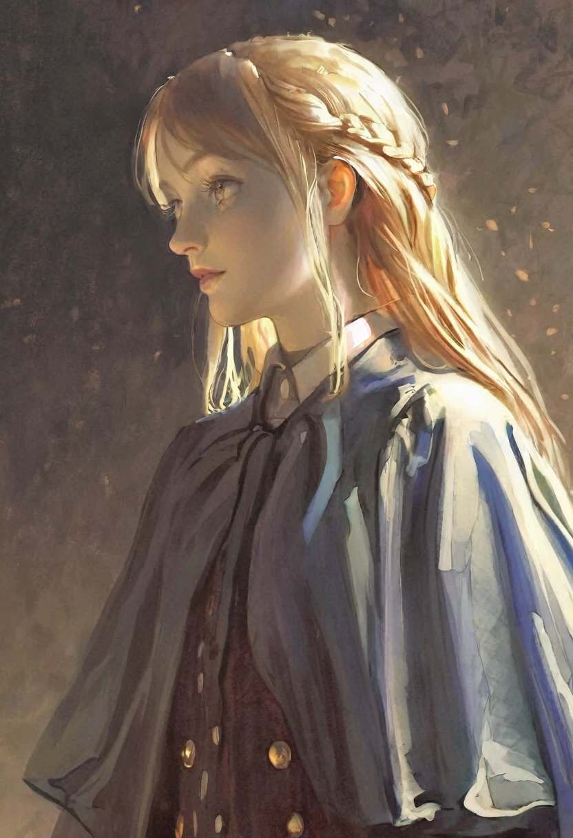 score_9, score_8_up, score_7_up, score_6_up, score_5_up, score_4_up, fkey70, A blonde girl standing, hyperrealistic anime painting, royal clothes, anime painting, no tiara, loose long hair, black background, dramatic diagonal lighting, painterly, realistic painting, soft feature, detailed clothes, detailed, rembrandt lighting, artwork of upper body