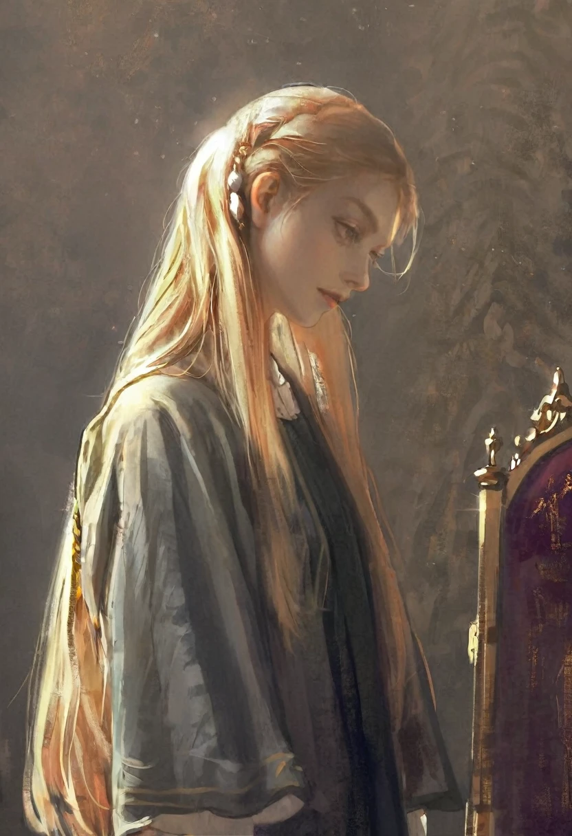 score_9, score_8_up, score_7_up, score_6_up, score_5_up, score_4_up, fkey70, A blonde girl standing, hyperrealistic anime painting, royal clothes, anime painting, no tiara, loose long hair, black background, dramatic diagonal lighting, painterly, realistic painting, soft feature, detailed clothes, detailed, rembrandt lighting, artwork of upper body