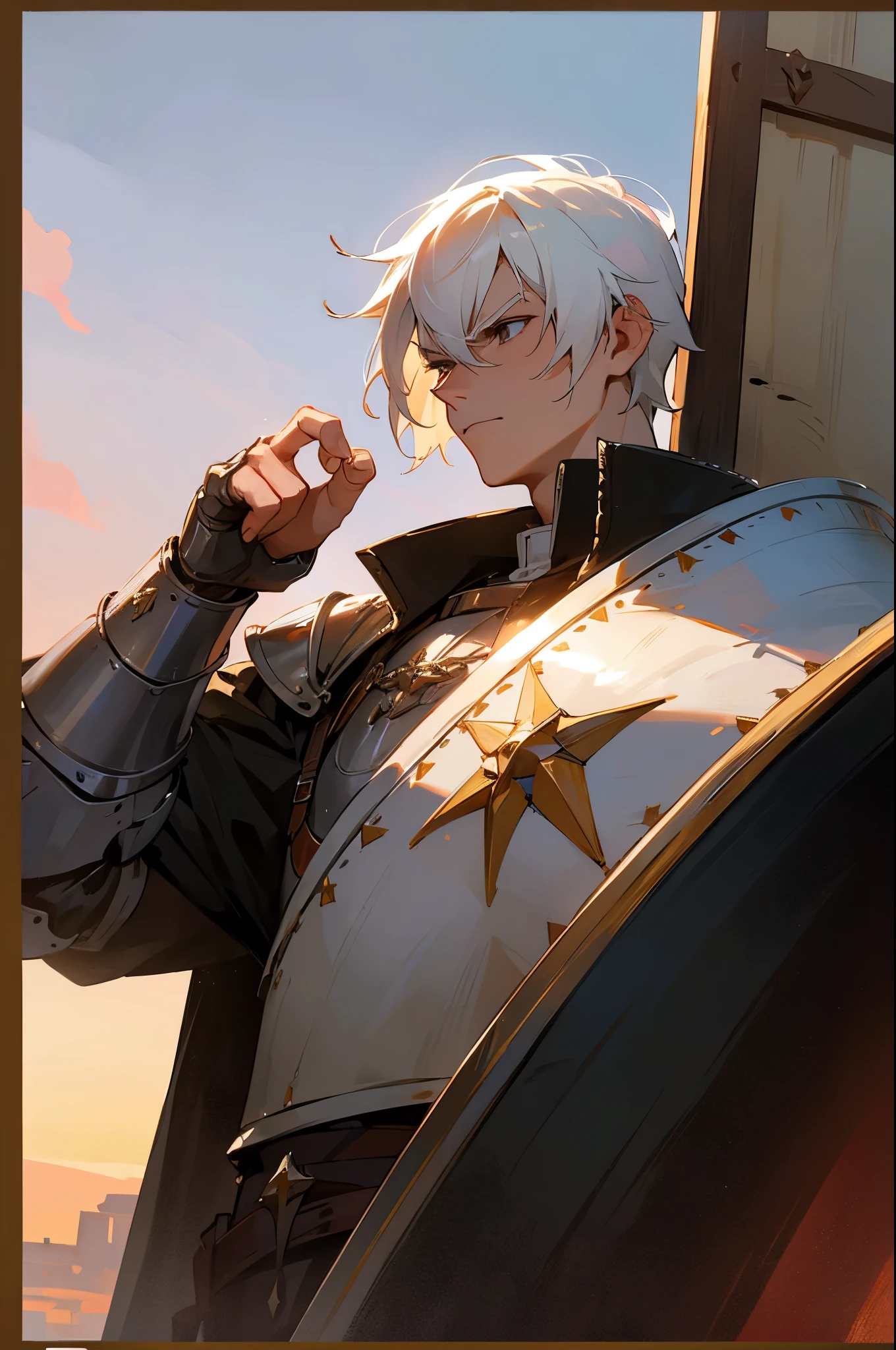 male, White hair ,young adult, medieval background, knight, armor, shield, mature, cowboy shot, sunset, serious face, upper body,