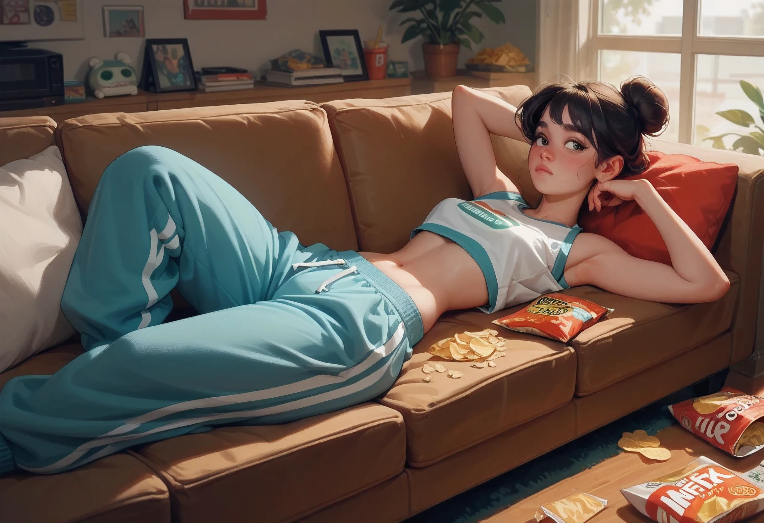 score_9, score_8_up, score_7_up, score_6_up, best quality, 1girl, large hips, small waist, Big Titty Lady, baggy jogging pants, lying on her couch, croptop, Netflix and chill, bun, chips, living room