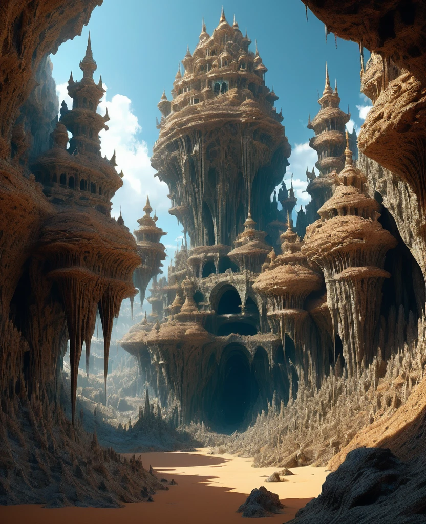 there are many inverted cavities (different rooms, united by mandelbulb projections that form passages) in the middle of an underground canyon that forms a mandelbulb mud village at different heights with many balconies and stalactites and stalactites, fantasy architecture, Highly detailed 4K digital art, beautiful detailed fantasy, stunning fantasy landscape, detailed fantasy digital art, arstation and high beep, fantasy style 8k octane rendering, stuning fantasy 3d rendering, Detailed fantasy in 4K, fantasy 3d rendering, 3D rendering beep, deep and massive desert landscape, stalacmite cave labyrinth type very confusing geonosis bubbes