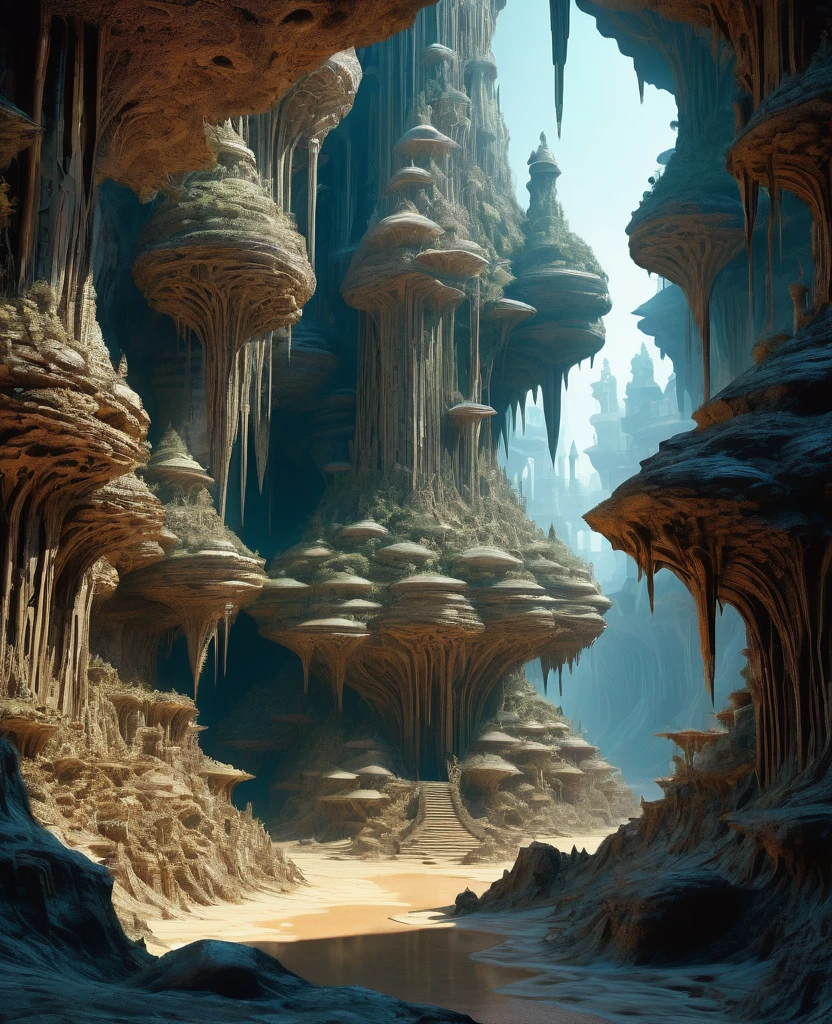 there are many inverted cavities (different rooms, united by mandelbulb projections that form passages) in the middle of an underground canyon that forms a mandelbulb mud village at different heights with many balconies and stalactites and stalactites, fantasy architecture, Highly detailed 4K digital art, beautiful detailed fantasy, stunning fantasy landscape, detailed fantasy digital art, arstation and high beep, fantasy style 8k octane rendering, stuning fantasy 3d rendering, Detailed fantasy in 4K, fantasy 3d rendering, 3D rendering beep, deep and massive desert landscape, stalacmite cave labyrinth type very confusing geonosis bubbes