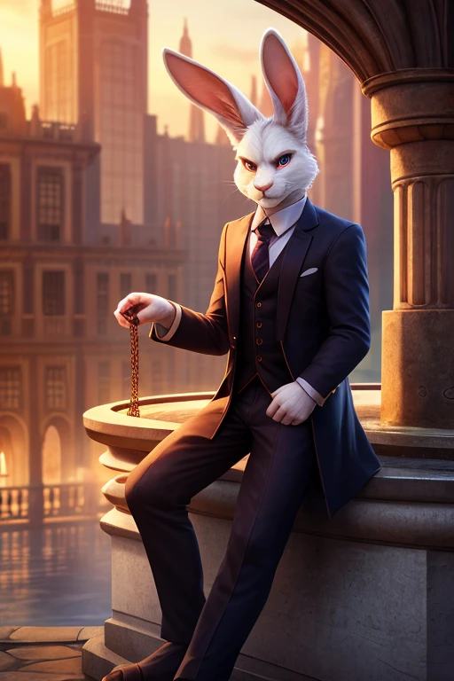 Barefoot furry character, full body, solo, furry male, vivid colors, cinematic.
Free-spirited white fur rabbit aristocrat wearing a formal patterned 3 piece suit, a pocket watch dangling from his coat pocket, he sits on the ledge of a central fountain, surrounded by buildings. This rabbit represents social prowess and charisma. Evil smile, blue iris of eyes, arrogant, grumpy. He is situated in a courtyard. Nice big feet paws.
BREAK, detailed background, 8K, (masterpiece:1.5), intricate details, highly detailed, extreme detail, octane render, Professional Photography, fine art, best quality, highres, (detailed face:1.5), ((full_body)), UHD, (((perfect hands))), low light:1.2