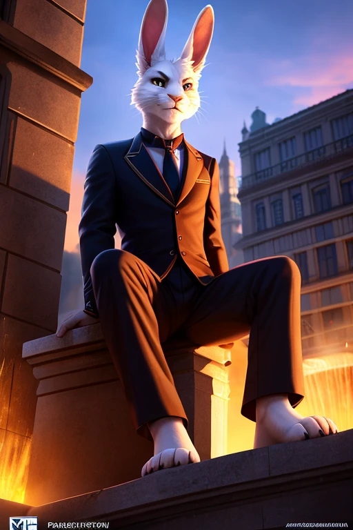 Barefoot furry character, full body, solo, furry male, vivid colors, cinematic.
Free-spirited white fur rabbit aristocrat wearing a formal patterned 3 piece suit, a pocket watch dangling from his coat pocket, he sits on the ledge of a central fountain, surrounded by buildings. This rabbit represents social prowess and charisma. Evil smile, blue iris of eyes, arrogant, grumpy. He is situated in a courtyard. Nice big feet paws.
BREAK, detailed background, 8K, (masterpiece:1.5), intricate details, highly detailed, extreme detail, octane render, Professional Photography, fine art, best quality, highres, (detailed face:1.5), ((full_body)), UHD, (((perfect hands))), low light:1.2