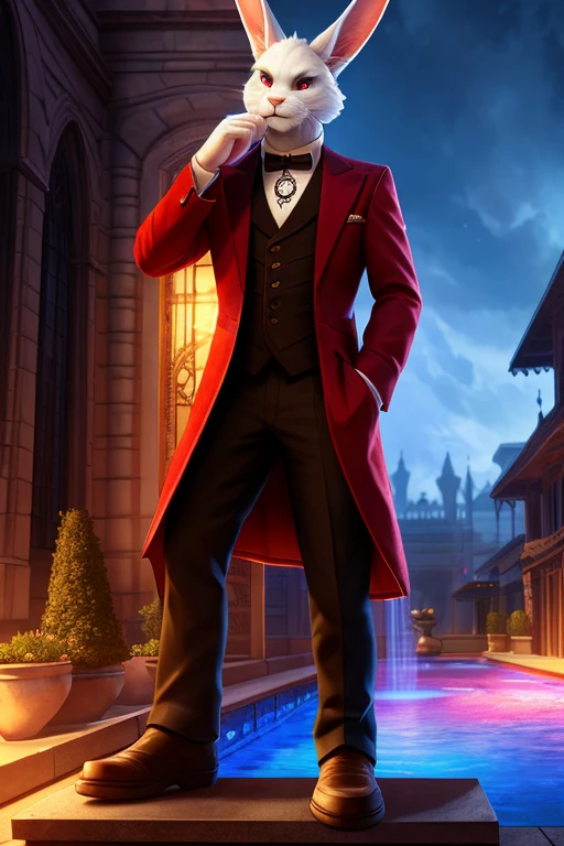 Barefoot furry character, full body, solo, furry male, vivid colors, cinematic.
Free-spirited white fur rabbit aristocrat wearing a formal patterned 3 piece suit, a pocket watch dangling from his coat pocket, he sits on the ledge of a central fountain, surrounded by buildings. This rabbit represents social prowess and charisma. Evil smile, blue iris of eyes, arrogant, grumpy. He is situated in a courtyard. Nice big feet paws.
BREAK, detailed background, 8K, (masterpiece:1.5), intricate details, highly detailed, extreme detail, octane render, Professional Photography, fine art, best quality, highres, (detailed face:1.5), ((full_body)), UHD, (((perfect hands))), low light:1.2