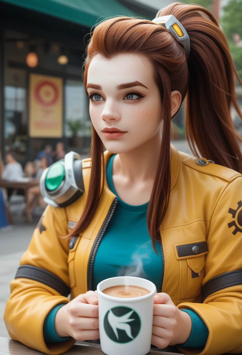 a woman in a yellow jacket holding a cup of coffee, extremely detailed artgerm, anime drinks energy drink, Senna do League of Legends, lovely Brigitte de Overwatch, Brigitte de Overwatch, ruan jia and artgerm, trending artgerm, Faye Valentim, like artgerm, range murata and artgerm, role model | artgerm