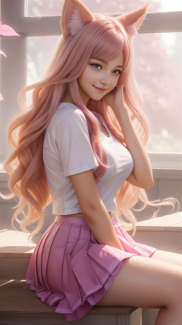 a gorgeous 12 year-old girl wearing a white t-shirt and pink pleated circle skirt, cute smile, ahri from league of legends, sensually alluring girl, mesmerizing fantasy render, extremely detailed, 4k, perfect face