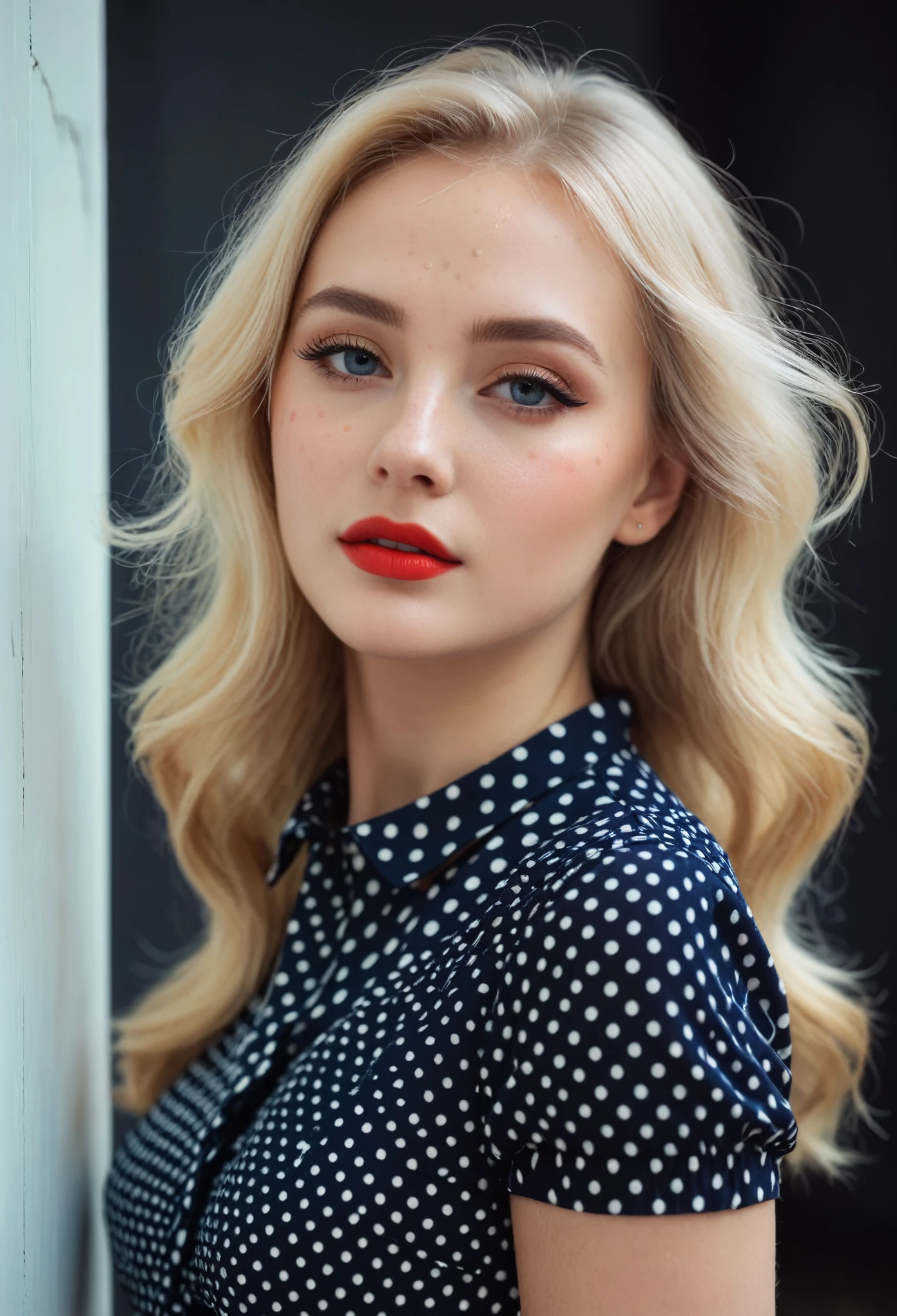 fashion photography of 23 y.o blonde woman, beautiful makeup, wearing dot dress, 35mm, Anastasia Ovchinnikova