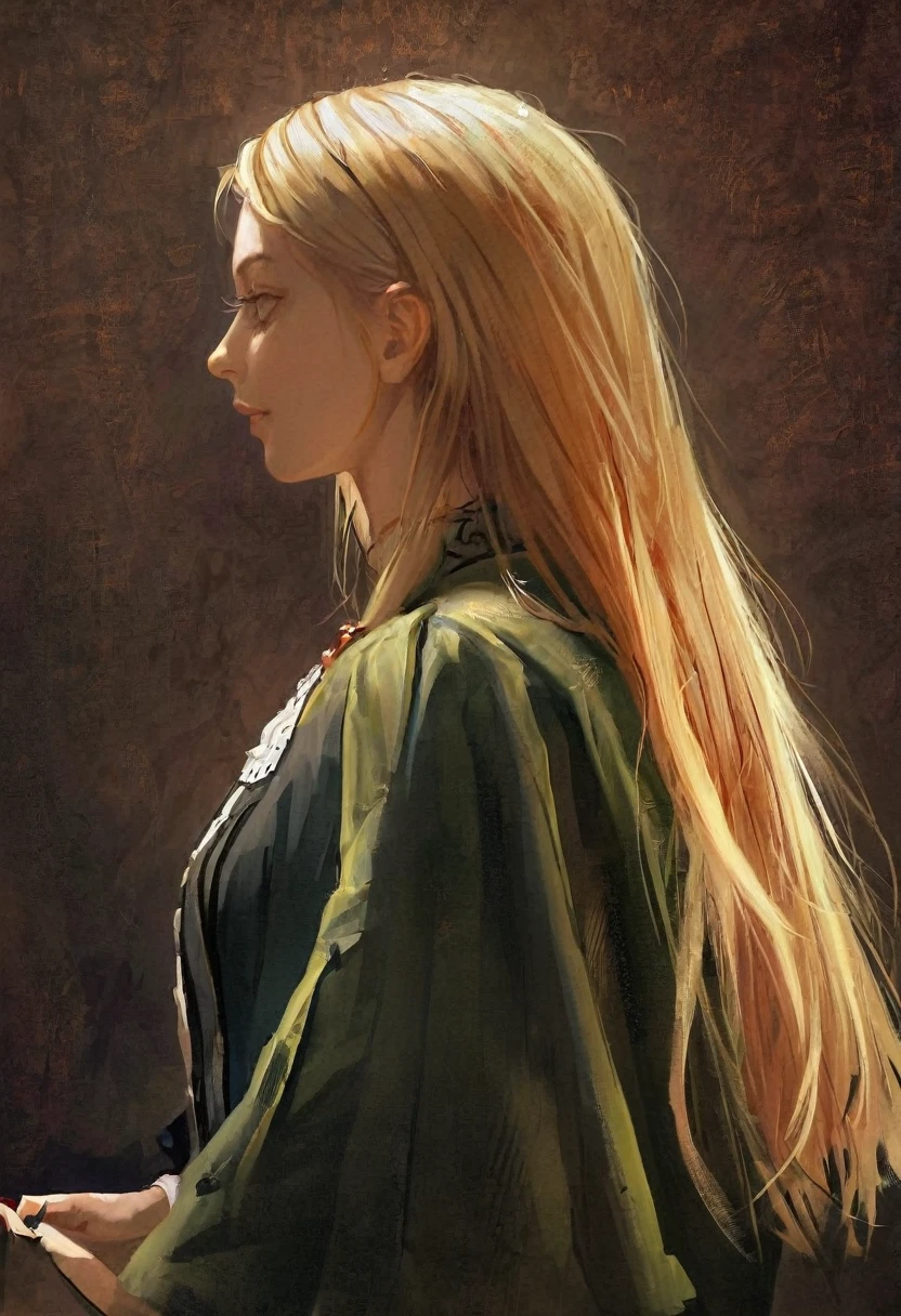 score_9, score_8_up, score_7_up, score_6_up, score_5_up, score_4_up, fkey70, A blonde girl standing, hyperrealistic anime painting, royal clothes, anime painting, no tiara, loose long hair, black background, dramatic diagonal lighting, painterly, realistic painting, soft feature, detailed clothes, detailed, rembrandt lighting, artwork of upper body, visible brushstrokes, medievale paitning, soft features, rounded face