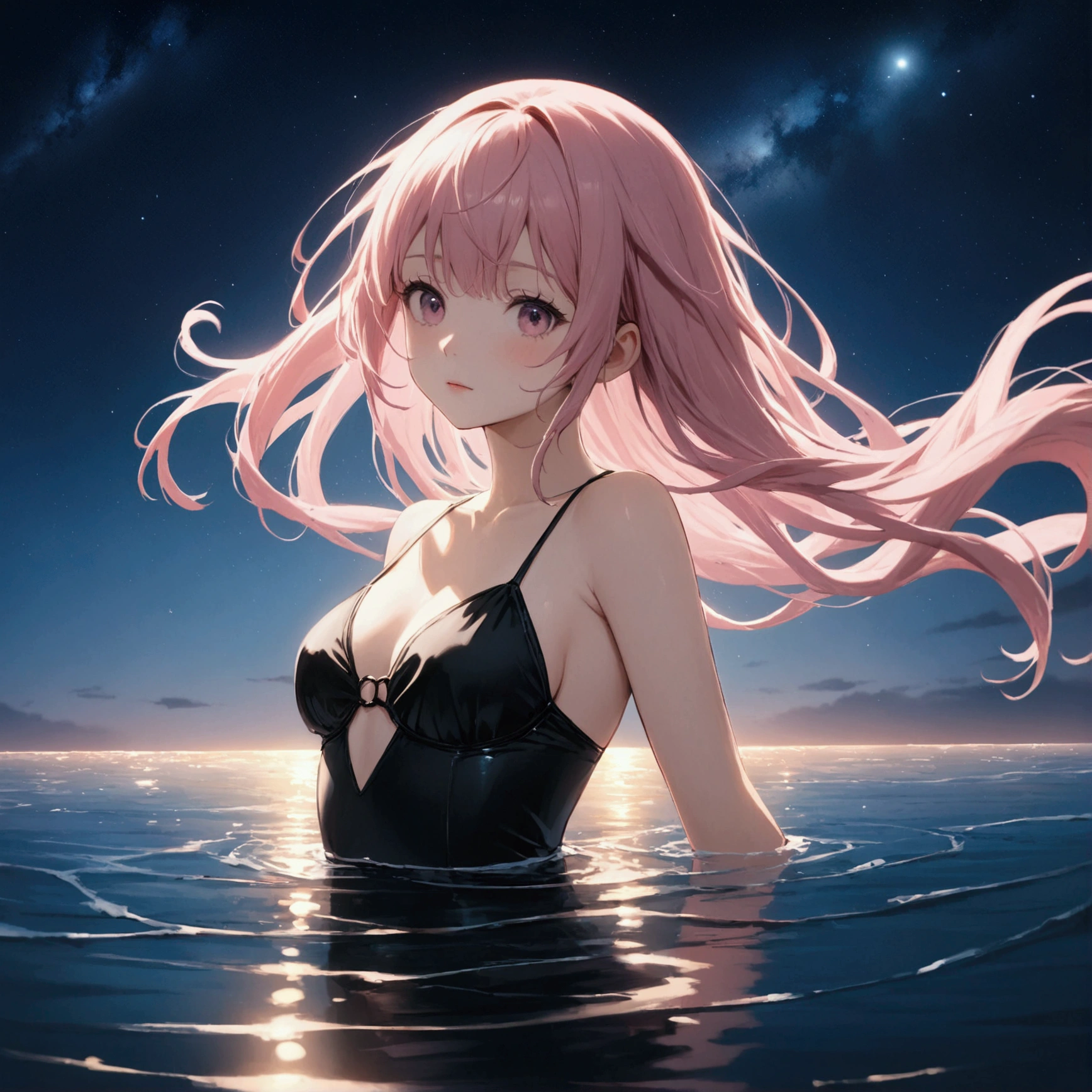 1 girl、Black and pink hair, black swimsuit、ocean、oceanに浸かる、In water、evening、Reflection in water、透明なocean、deep faint light 、 Detailed computer graphics、a high resolution