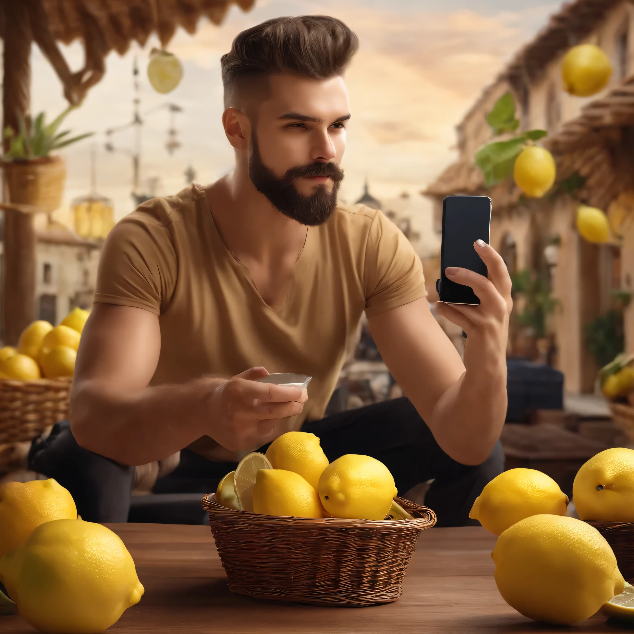 A man with fashionable hair short on the sides, a very short and well-groomed beard, who with a smartphone in his hand posts selfies on social networks, and with the other hand eats a lemon. Around him a basket full of lemons. High details. Realistic photo. 4k.
