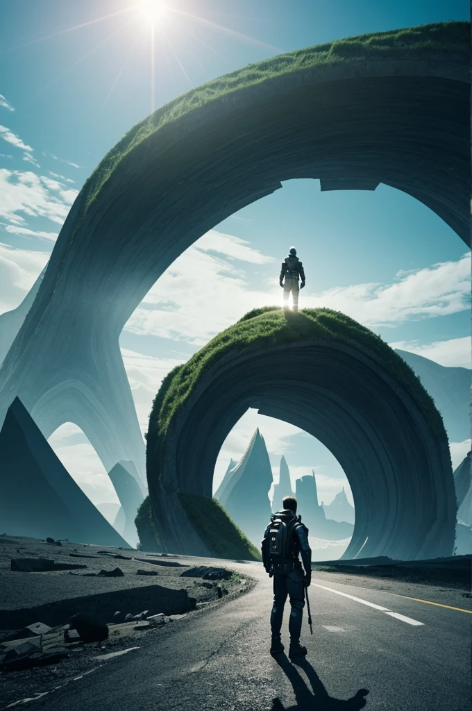 Generate images of a futuristic landscape with 2 protagonists, 1 man and a woman who try to save the world