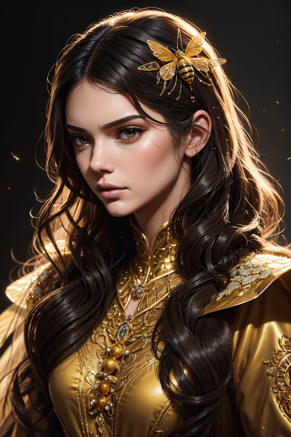 portrait Kendall Jenner, wearing bee costume, against the background of a beehive, character portrait, 4 3 9 0 s, curly long hair, intricate, elegant, highly detailed, digital painting, artstation, concept art, smooth, sharp focus, illustration, art by wlop, charlie bowater and alexandra fomina, 36k, glittering, shining