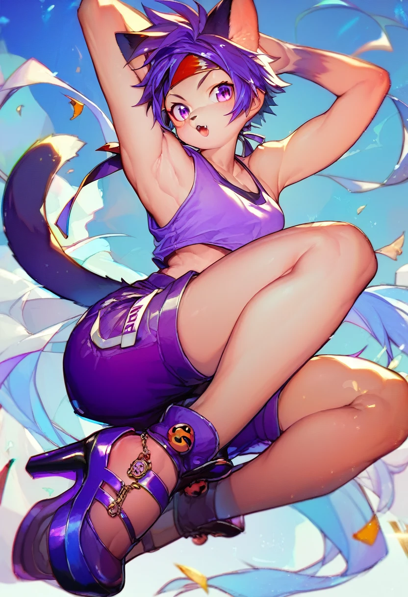 A (kemono cat ninja goddess with short purple hair and purple eyes), (((wearing a purple tank top, purple shorts, and high heel shoes with black and purple details))), ((posing with shurikens in her hands and a large shuriken on her back)), highly detailed, dynamic pose, 8k, hyper detailed, studio lighting, sharp focus, intricate details, elegant, graceful, dynamic, action pose, female lead, dramatic lighting, cinematic composition