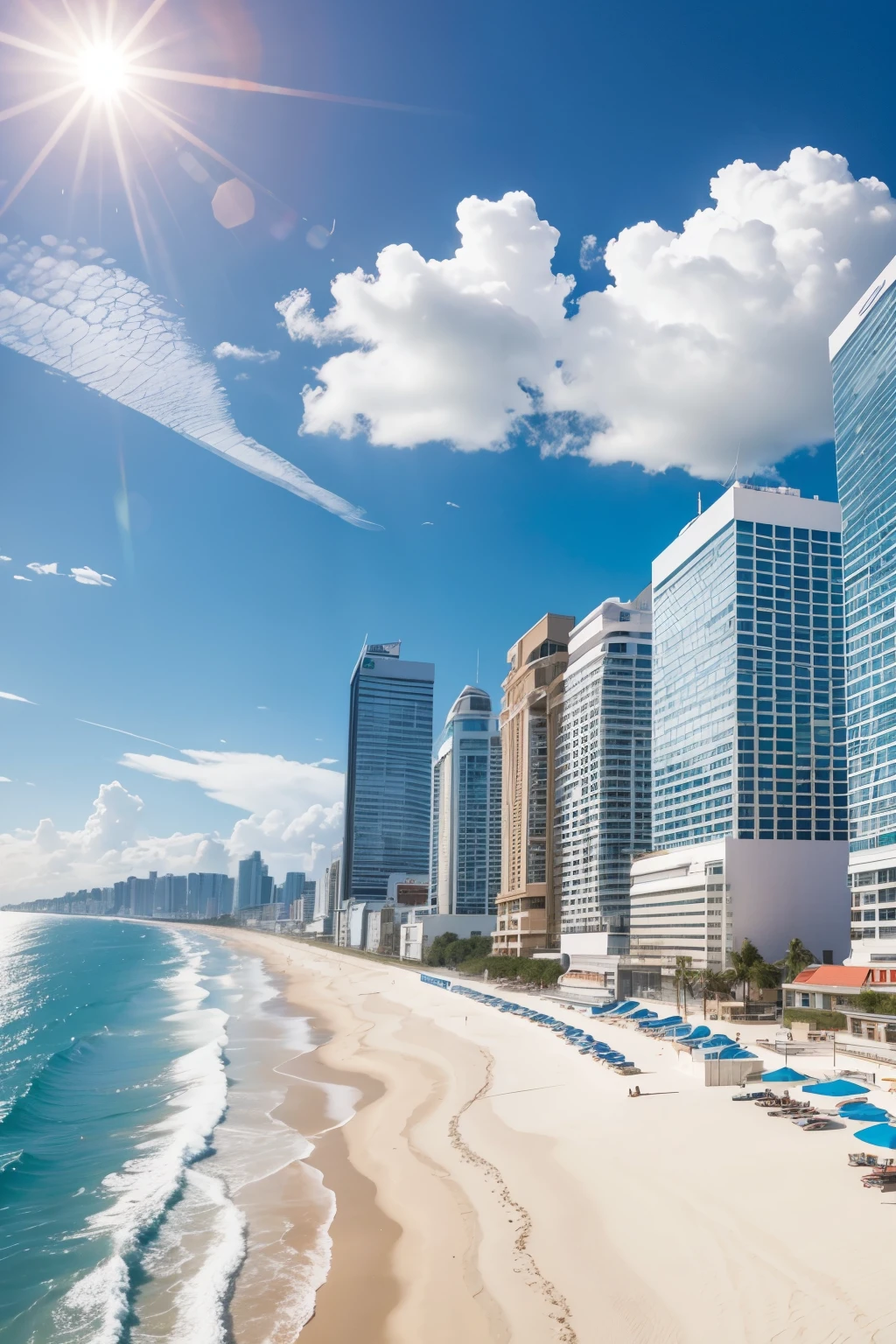 beachfront with sun protection and buildings nearby



