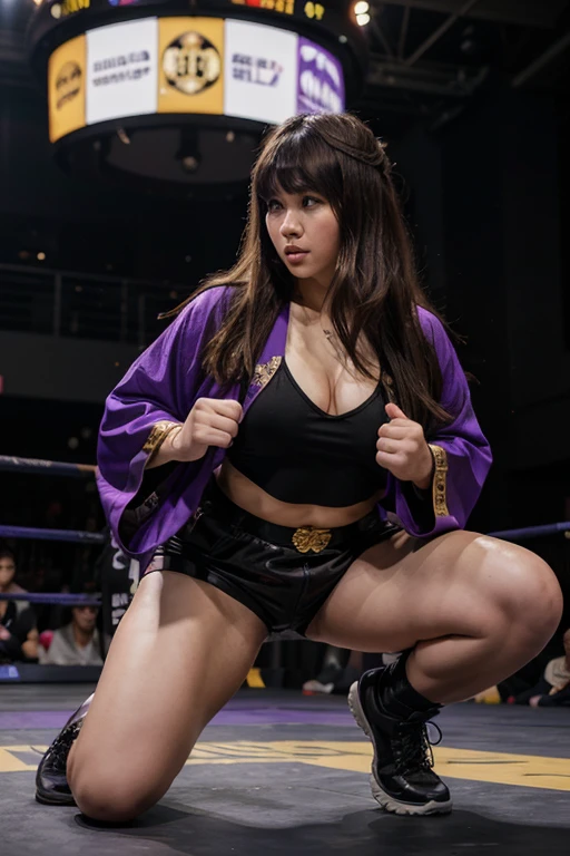 Japanese Chubby girl with wavy brown hair and bangs wearing black shorts, purple boots and purple kimono with gold details posing as a fighter in a fighting arena