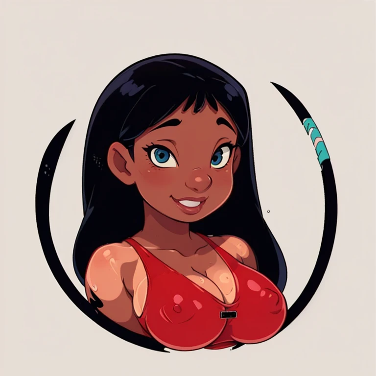 ((1girl, NaniWaifu, dark skin, tan skin, white background, black hair, clean: 1.3, red swimsuit)), upper body, anatomically correct, simple background, cleavage, looking at the viewer, detailed eyes, perfect eyes, seductive look, looking at viewer, big smiling