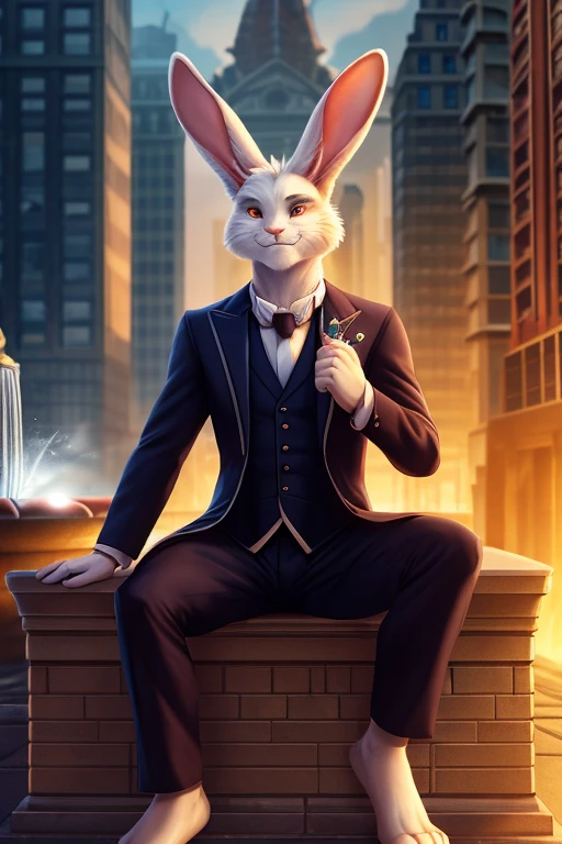 Barefoot furry character, full body, solo, furry male, vivid colors, cinematic.
Free-spirited white fur rabbit aristocrat wearing a formal patterned 3 piece suit, a pocket watch dangling from his coat pocket, he sits on the ledge of a central fountain, surrounded by buildings. This rabbit represents social prowess and charisma. Evil smile, blue iris of eyes, arrogant, grumpy. He is situated in a courtyard. Nice big feet paws.
BREAK, detailed background, 8K, (masterpiece:1.5), intricate details, highly detailed, extreme detail, octane render, Professional Photography, fine art, best quality, highres, (detailed face:1.5), ((full_body)), UHD, (((perfect hands))), low light:1.2