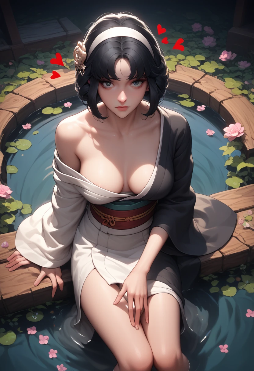 (asura art style:0.7), punctuation_9, punctuation_8_High above, punctuation_7_High above, punctuation_6_High above, no censure, princess peat black hair, side block, white hairband, Eyes red, break (work of art:1.2), best qualityer, high resolution, (detailedeyes:1.3), perfect lighting, (perfect hands, Perfect Anatomia), breasts big, a beautiful woman, kimono, bare one shoulder, Heart, sitting down, front viewer, Tori, flowers, Thu, fog, hand sHigh aboveport,