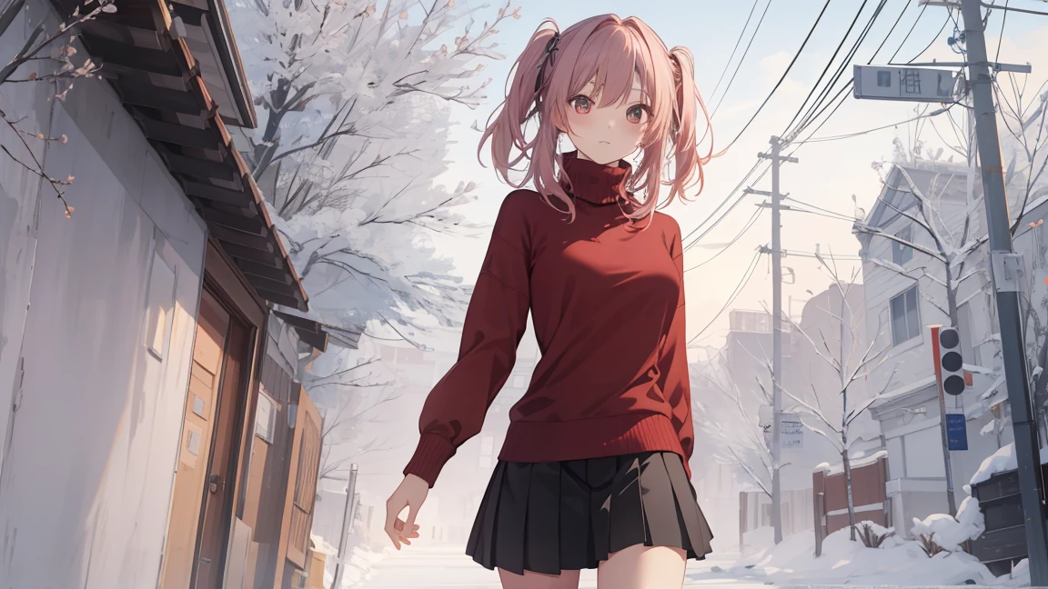 (masterpiece、premium、High resolution、unity wallpaper 8k、extremely CG details:1)、(lightning:1.0)、1 girl in、Alone、Turtleneck Knitwear、ruffled skirt、soft breasts、emphasize the red crest、Kamimei、socks
