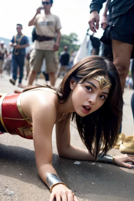 from the side,The Perfect Wonder Woman Costume,crawling on all fours,Sleeping Face,close ~ Eye,open mouth,Tired face,Facing Suffering,Face of the sky,Sleeping Face,fight with men,surrounded by men,,caught between men,Besieged by men,Entangled with men, Being attacked by a man,Being beaten by men,Sex by a man,Captured by a man,detained by a man、touch your face,Brown hair,  masterpiece、beautiful girl、Beautiful Eye、puffy Eye、best quality, 超high resolution, (Reality: 1.4), Movie Lighting,Super beautiful、beautiful skin、(Ultra-realistic)、(high resolution)、(8k)、(Very detailed)、(beautiful and Beautiful Eye)、(Ultra Detailed)、 Delicate face、slanted banger hair、Brown hair、20 years old、Wonder Woman role-playing，Wonder Woman tiara