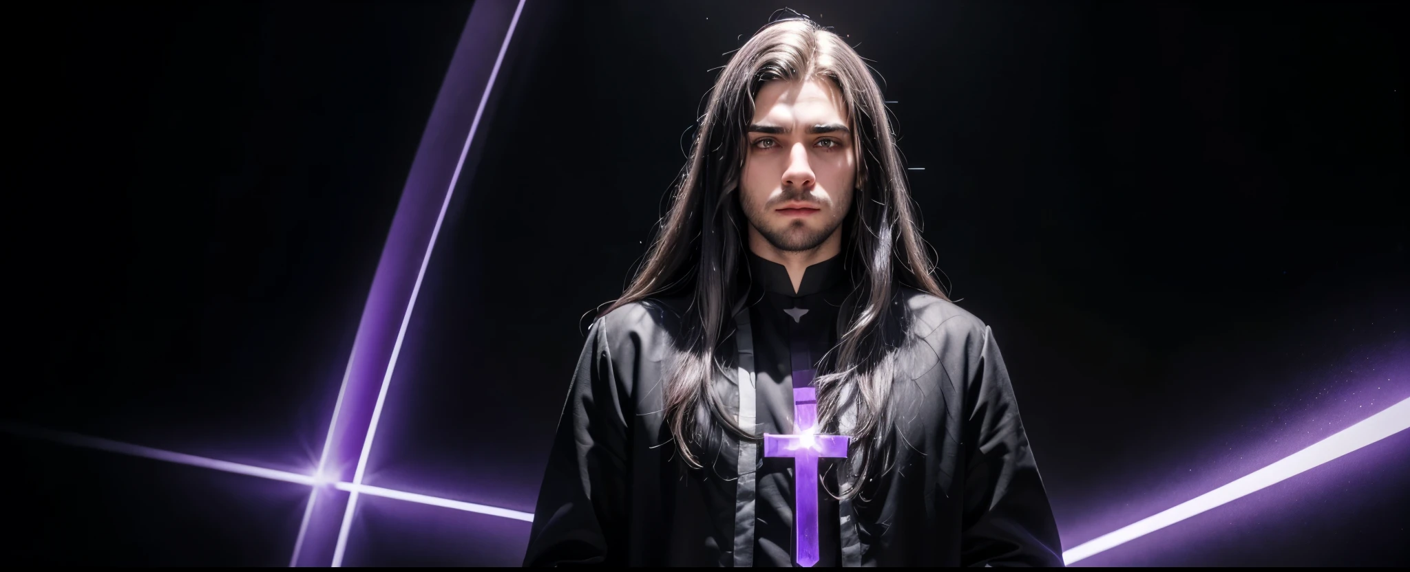 black backdrop, in the center a man character with long white hair, soft strokes, no beard thick eyebrows, expressive and sarcastic look wearing a cassock with a sparkling glowing violet gamma cross on the chest , a violet sign in gothic style